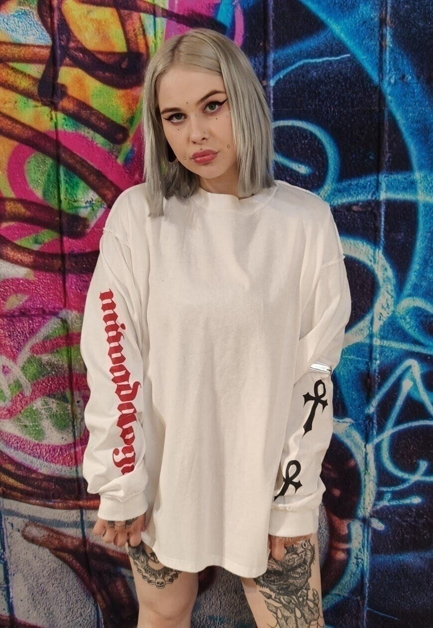 Anime print jumper Kawaii girl long tee Y2K top in white