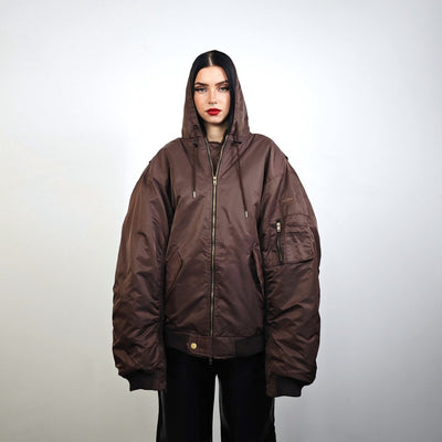 Hooded oversize bomber jacket black baggy punk utility MA1 90s college coat rapper windbreaker hip-hop rain jacket going out raver puffer