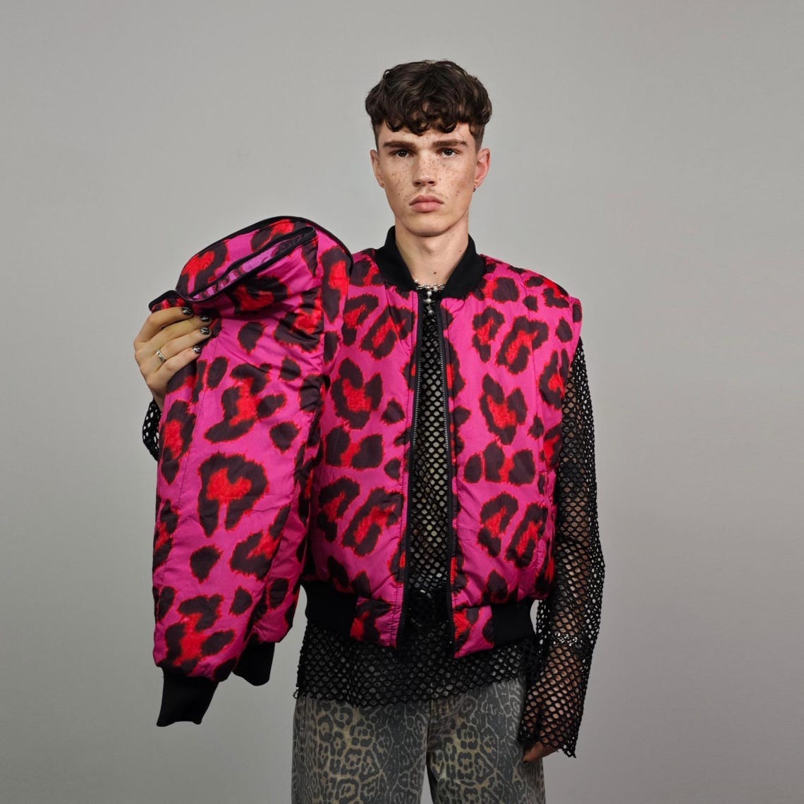 Leopard jacket neon pink animal print bomber reversible cheetah college varsity detachable sleeves handmade rave puffer grunge festival coat