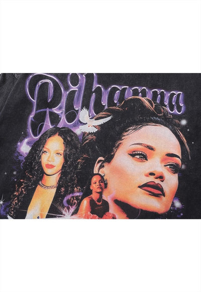 Vintage Rihanna t-shirt long sleeve pop singer top acid grey