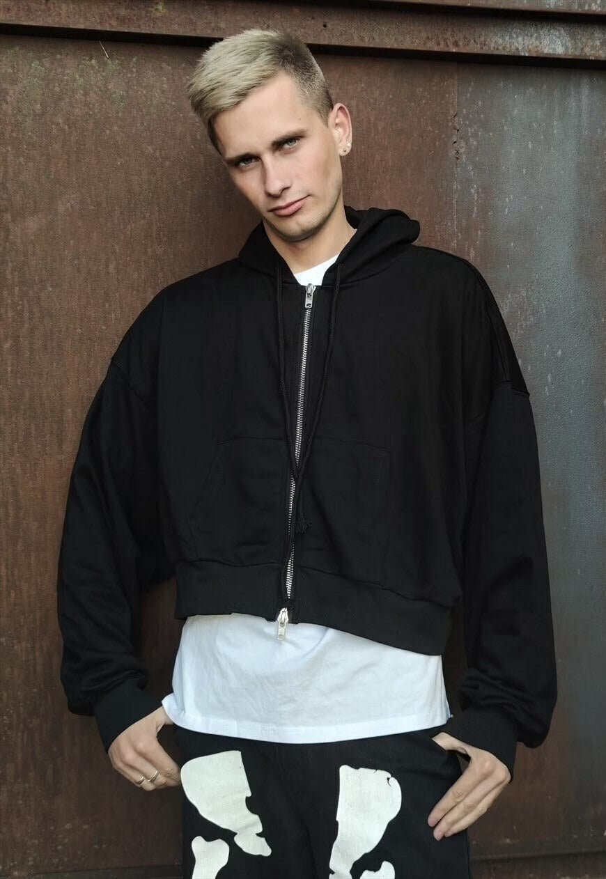 Cropped baggy hoodie two sided zip finish wide hooded top
