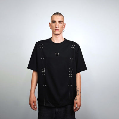 Studded t-shirt black gothic top chain finish blouse pierced rocker tee shoulder padded jumper edgy oversize top grunge punk pullover