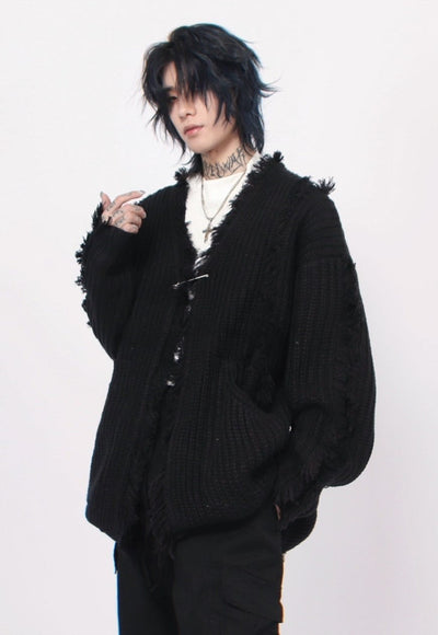 Ripped cardigan stripe texture jumper knitted punk top black