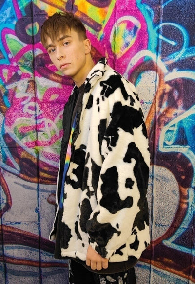 Cow fleece jacket in white animal print fluffy spot bomber