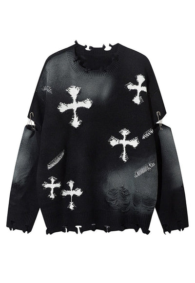 Cross patch sweater black ripped goth jumper grunge rock top