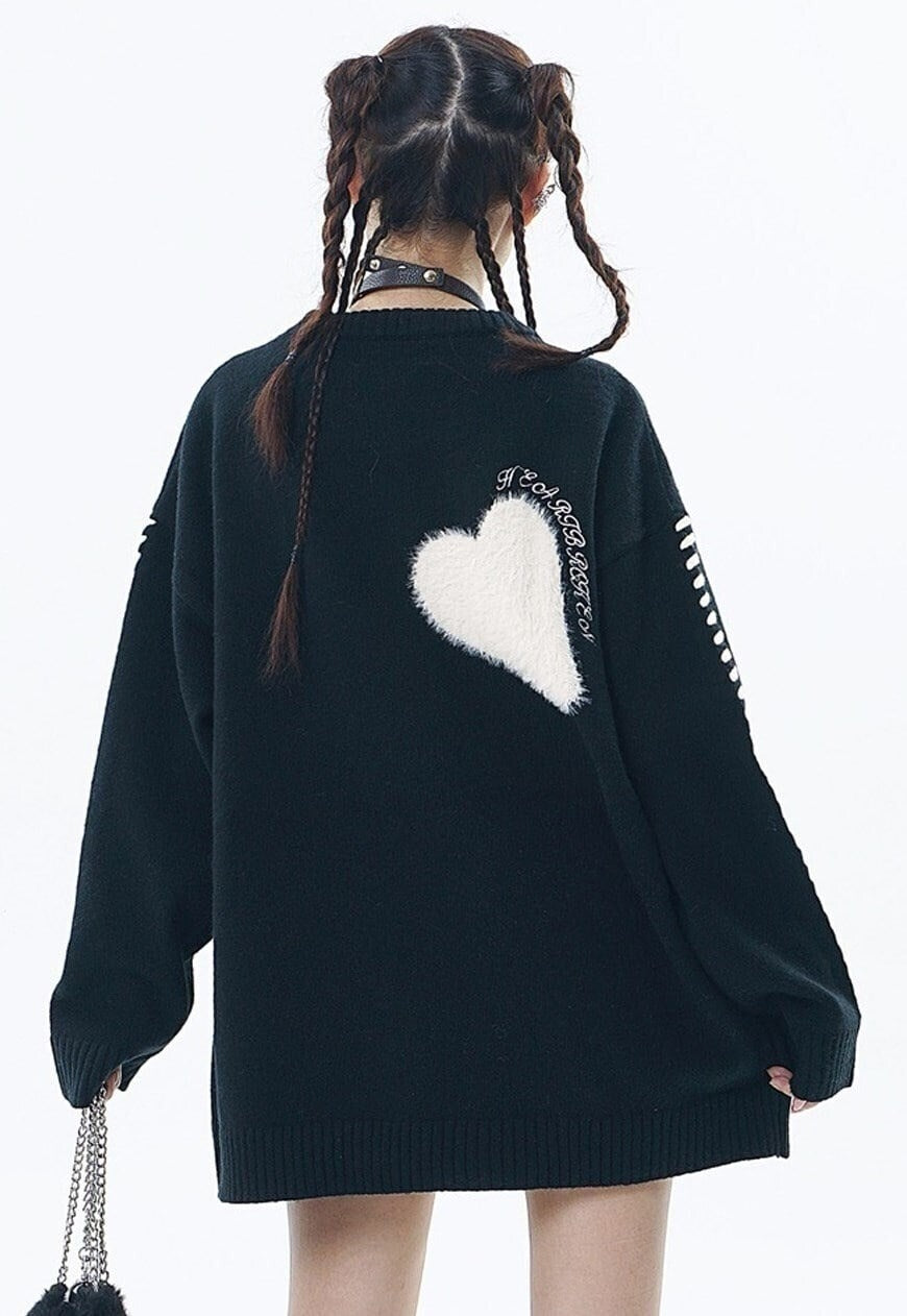 Heart patch sweater fleece jumper retro love top in black