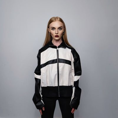 Faux leather motorcycle jacket PU racing bomber cropped college jacket edgy varsity jacket raised neck biker coat in white black