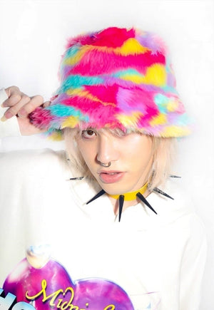 Festival faux fur bucket hat fluffy neon hat Gay rainbow cap