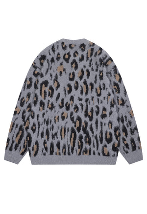 Fluffy leopard cardigan animal print fuzzy jumper in grey