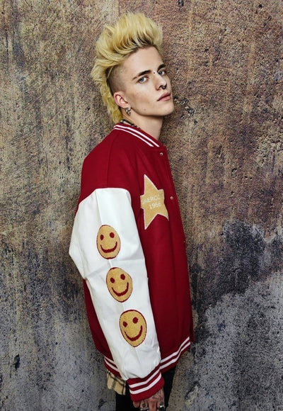 Emoji patch varsity jacket college baseball bomber in red