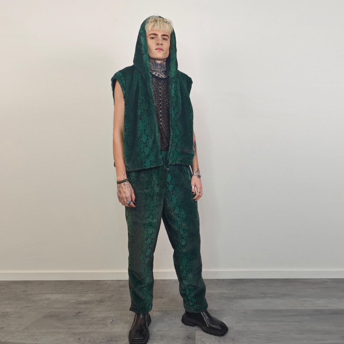 Snake faux fur jacket green hooded short python coat crocodile rave pullover fluffy detachable sleeves festival overcoat burning man fleece