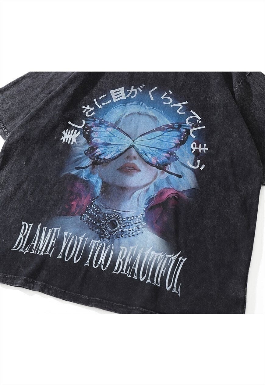 Anime print t-shirt futuristic tee Korean top vintage grey