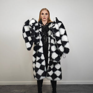 Diamond pattern fur coat checked long trench rhombus gothic overcoat SKA print bomber festival jacket customizable going out peacoat black