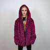 Hooded faux fur leopard jacket animal print bomber bright raver coat fluffy cheetah fleece festival puffer neon burning man overcoat green