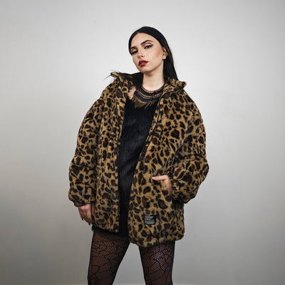 Animal print fleece jacket brown leopard coat zip up cheetah bomber wild cat overcoat fluffy jaguar festival jacket bobcat jumper