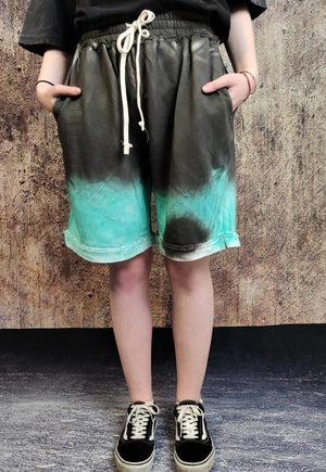 Tie-dye baggy sport shorts gradient crop overalls green grey