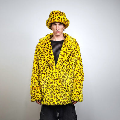 Yellow leopard jacket faux fur trench oversize animal print coat festival overcoat furry peacoat jaguar bomber lynx psychedelic rave fleece