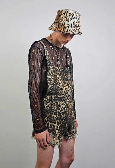 Leopard dungaree shorts animal print ripped playsuit brown