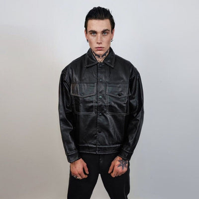 Faux leather biker jacket button up 80s PU aviator retro rubber bomber rocker coat grunge varsity going out utility jacket in black