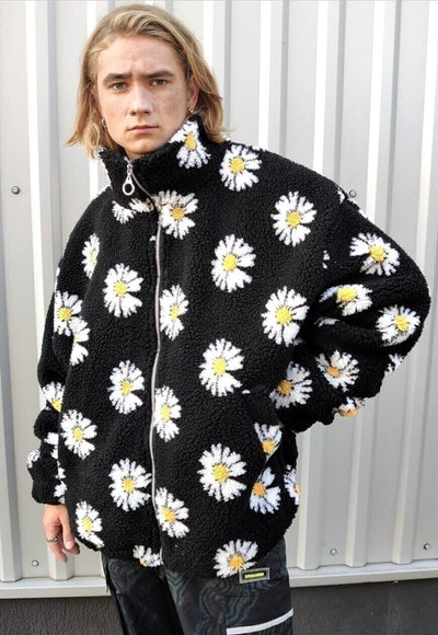 Daisy print fleece jacket handmade sunflower bomber in black