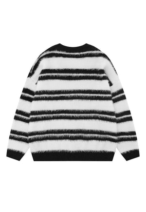 Horizontal stripe cardigan knitted jumper fluffy fleece top