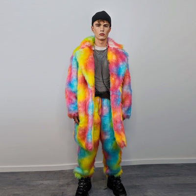 Rainbow faux fur joggers raver pants fluffy psychedelic trousers ski fleece unicorn overalls festival bottoms burning man pants in orange