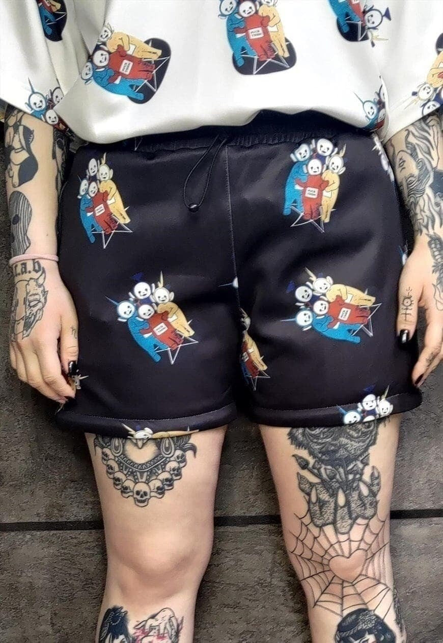 Retro shorts handmade alien cartoon overalls in black