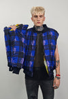 Tattoo print varsity jacket blue tartan reversible bomber