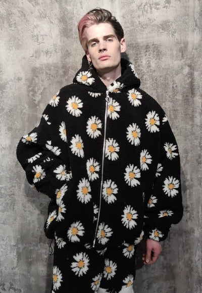 Daisy print fleece jacket handmade sunflower bomber black