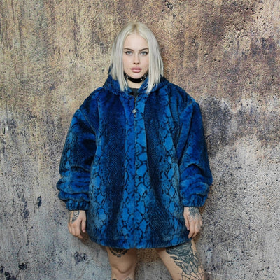 Luxury snake jacket faux fur python print bomber handmade detachable fluffy fleece puffer premium grunge hooded coat in blue