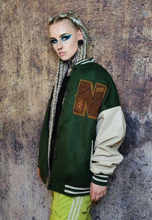 College baseball varsity jacket faux leather bomber in green