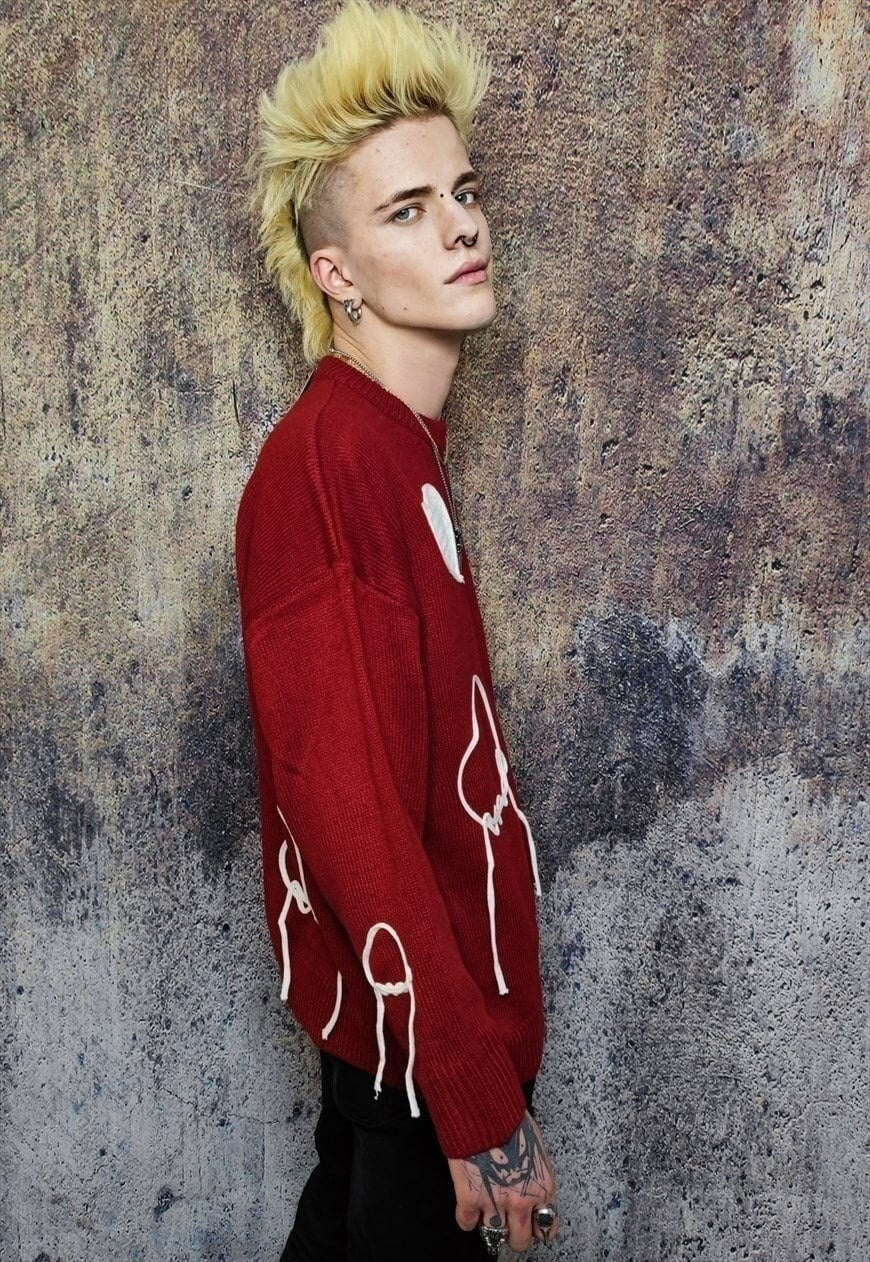 Heart sweater knitted grunge jumper fleece patch top in red