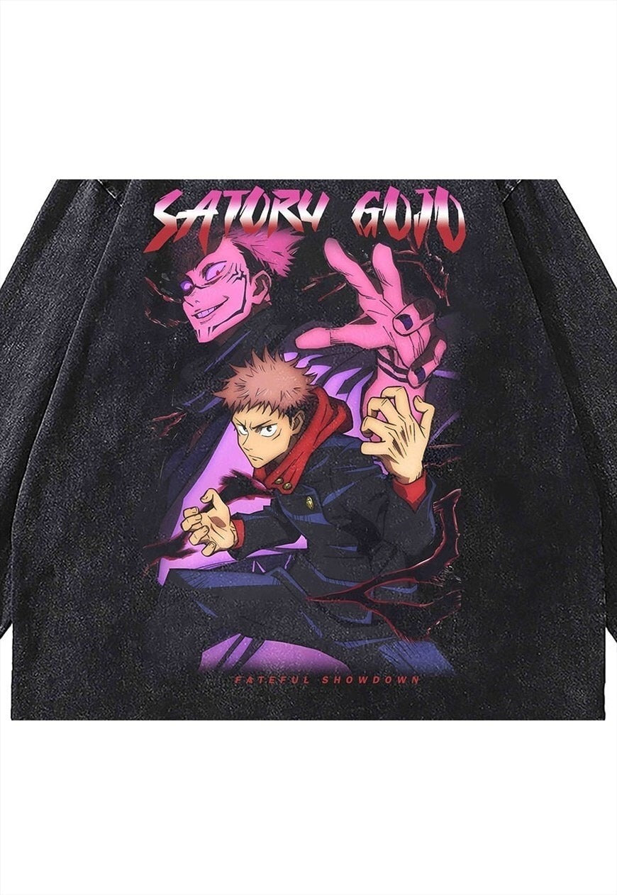 Vintage wash Satoru Goju t-shirt long sleeve Anime top grey