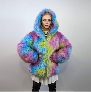 Hooded rainbow faux fur jacket unicorn bomber neon raver puffer fluffy tie-dye fleece psychedelic festival coat burning man going out trench