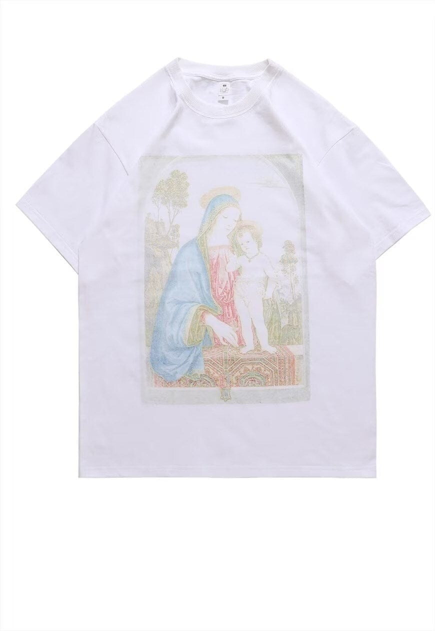 Baroque print t-shirt faded retro religion tee virgin top