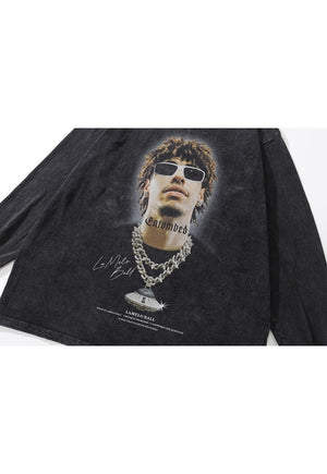 Rapper t-shirt hip-hop print long tee retro top in acid grey