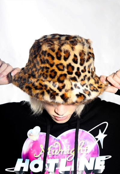 Festival faux fur bucket hat fluffy leopard hat animal print