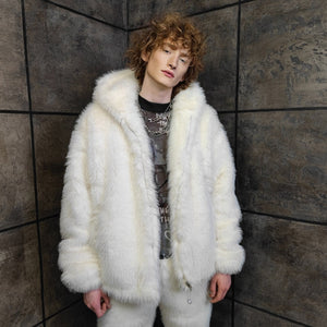 Faux fur luxury jacket handmade premium fleece jacket fluffy hooded coat in cream