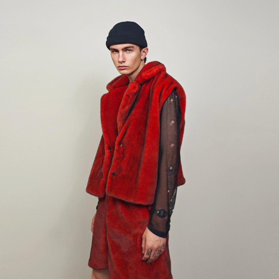 Red faux fur coat cropped trench short going out jacket grunge detachable sleeves handmade luxury festival overcoat fleece