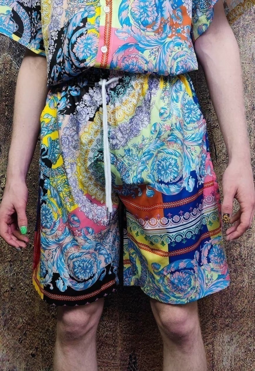 Fluorescent sports set floral pattern shirt & shorts combo