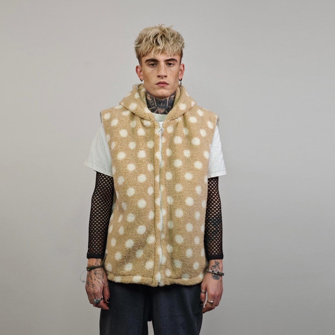 Polka dot fleece jacket beige spot pattern hood bomber retro geometric coat detachable sleeves handmade preppy overcoat fluffy festival set