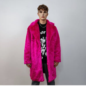 Neon faux fur longline coat shaggy trench bright raver bomber fluffy winter fleece festival jacket burning man coat in fuchsia pink