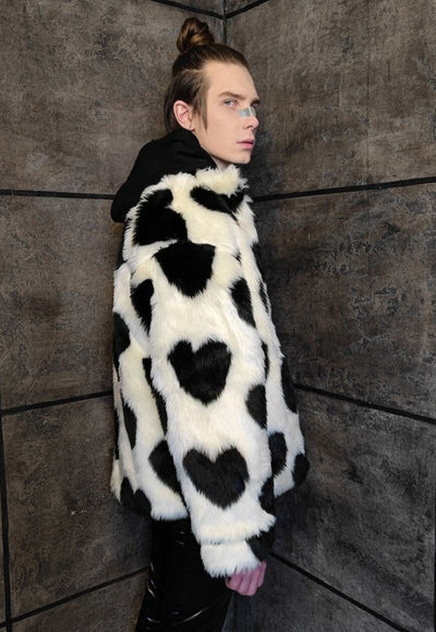 Faux fur heart coat retro fluffy fleece grunge bomber cream