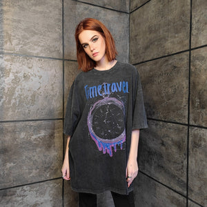 Time travel t-shirt premium vintage wash tee grunge y2k top clock print jumper in acid grey