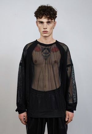 Sheer top transparent mesh jumper see-through long tee black