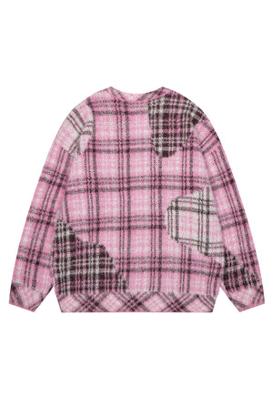 Check fluffy sweater pink punk jumper plaid fuzzy retro top