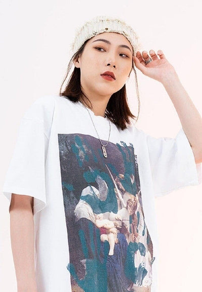 Ancient painting t-shirt retro tee hand print top in Black