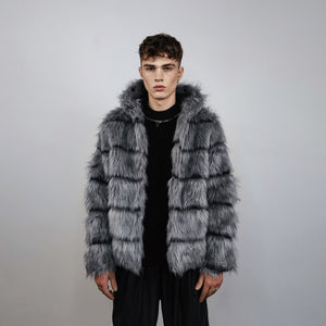 Striped fox fur jacket hooded grey shaggy mink coat fuzzy going out bomber mountain party fleece fancy dress fluffy peacoat rocker overcoat