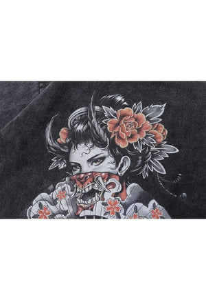 Geisha print t-shirt Japanese cartoon tee retros top in grey