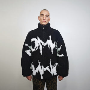 Graffiti fleece jacket Goth bomber grunge raver coat dark aesthetic raised neck tracktop oversize batwing jumper punk rocker overcoat black